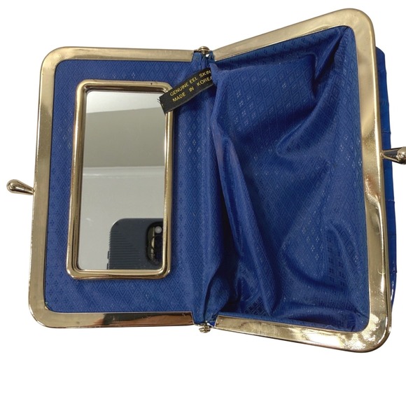 Vintage Coin Purse Eel Skin Clam Shell Make Up Bag Kiss Lock Frame Mirrored Blue - Picture 5 of 15